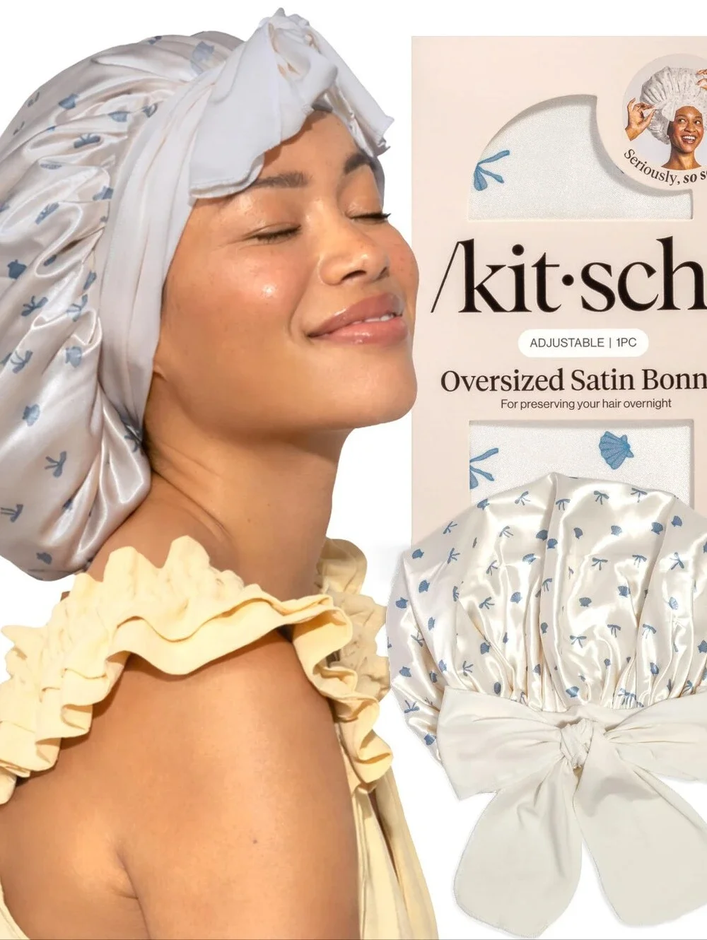 Kitsch Oversized Satin Bonnet — White with Light Blue Floral Print
